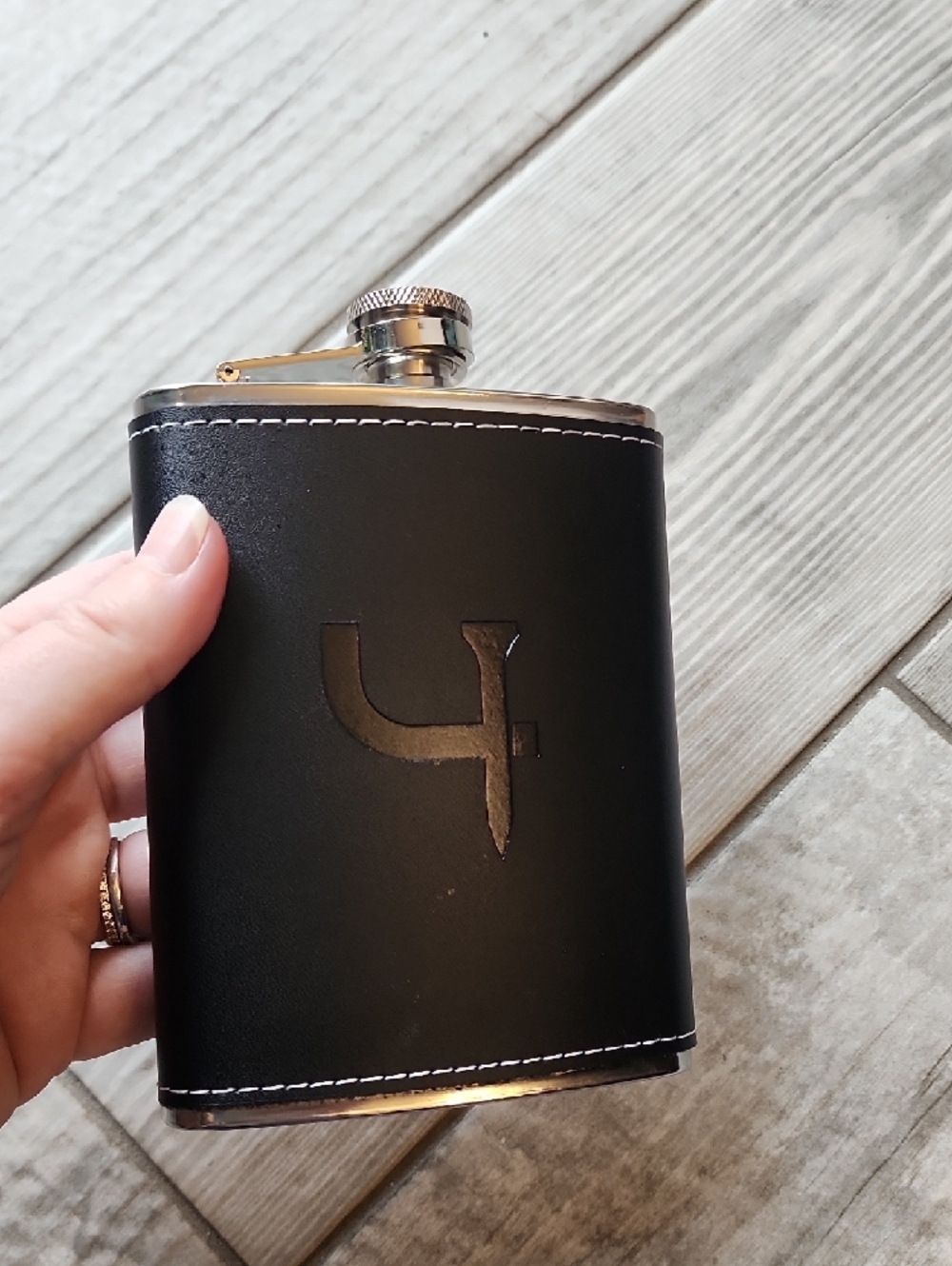 Black Leatherette Hip Flask with Logo - Picture 2 of 3